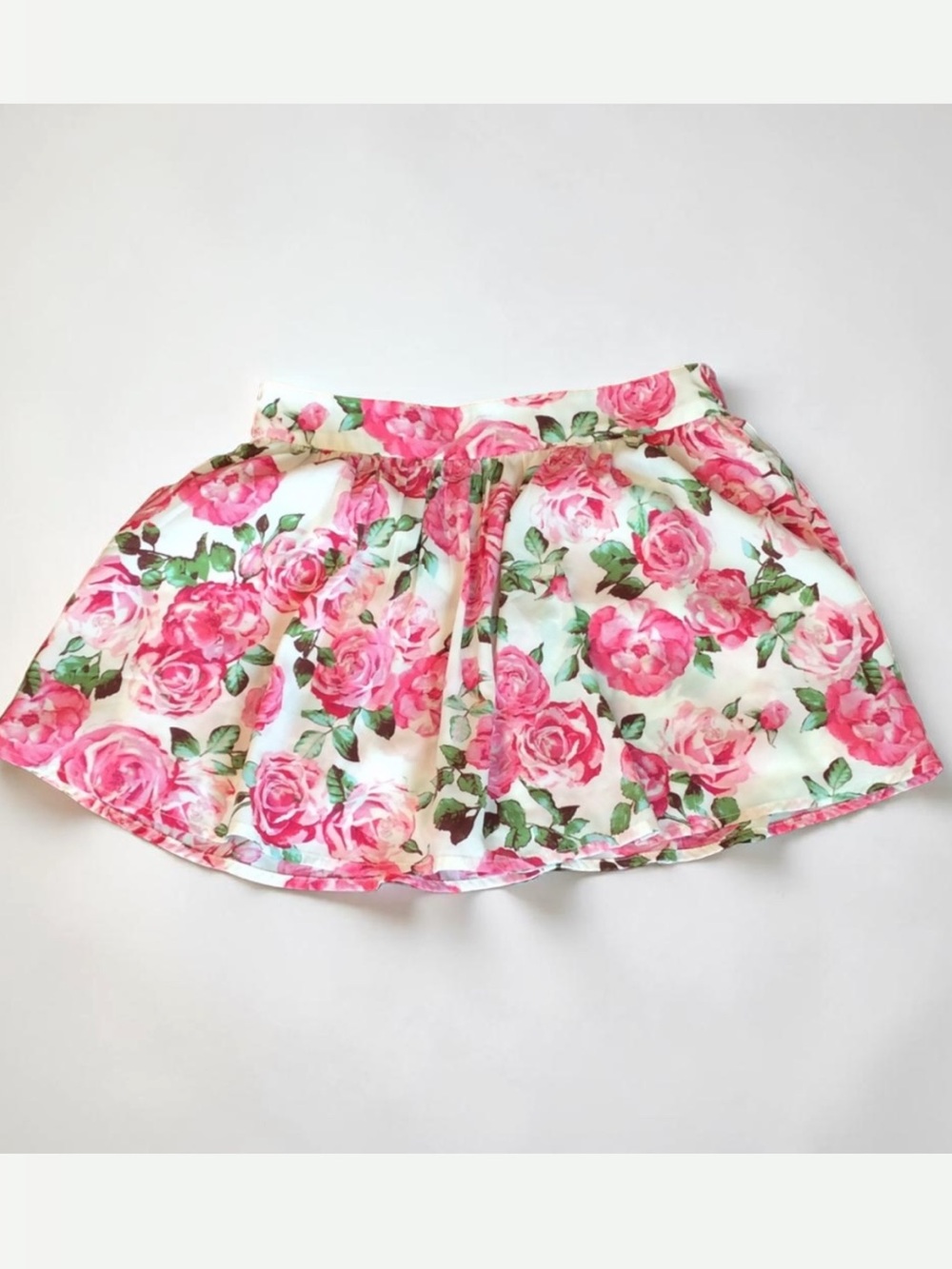 Forever 21 White Floral Skater Skirt with Pink Roses
